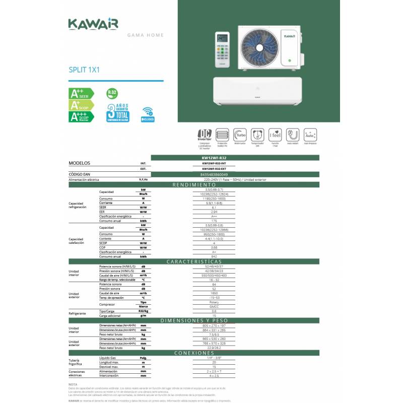 Aire acondicionado Split 1x1 Kawair KW12WF-R32, A++ 2559 Frig.